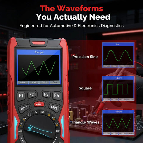 70MHz Dual Channel Handheld Oscilloscope And 3 In 1 Digital Multimeter With Signal Generator Pro Grade shown displaying waveforms