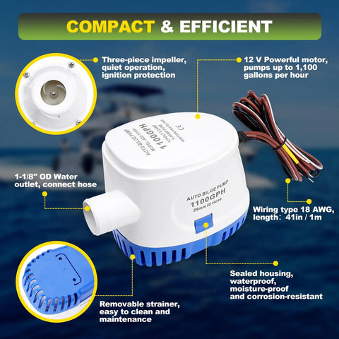 Beefed Up 1100 GPH 12V Automatic Boat Bilge Pump With Three Way Switch Panel And One And One Eighth Inch Diameter Plumbing Kit