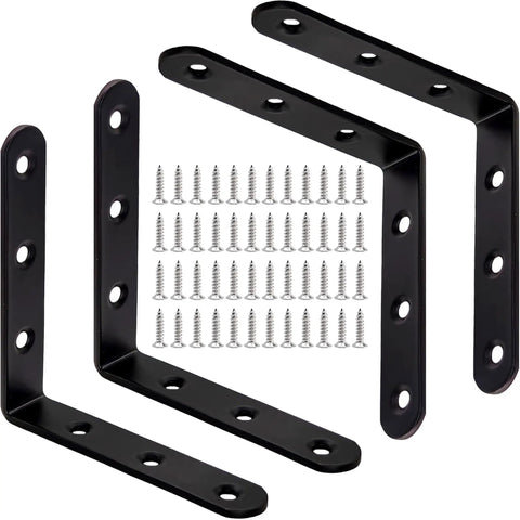 Heavy Duty Black L Brackets For Solid Wood And Furniture Joints Super Reinforced Right Angle Shelf Supports with screws included.
