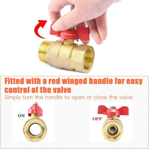 Dang Sturdy Three Quarter Inch Threaded Brass Ball Valve With Snappy Red Butterfly Handle For Zero Hassle Shut Off No Nonsense Rust Resistant Plumbing Fitting Built To Perform Flawlessly, shown with hand turning red handle.