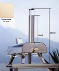 12-Inch Multi-Fuel Outdoor Pizza Oven for Backyard Cooking, Pellet Wood Gas Electric Ready, Reaches 1110F, shown side view with dimensions.