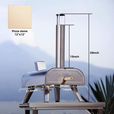 12-Inch Multi-Fuel Outdoor Pizza Oven for Backyard Cooking, Pellet Wood Gas Electric Ready, Reaches 1110F, shown side view with dimensions.
