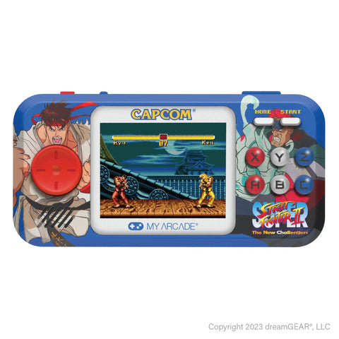 Street Fighter II Pocket Player Pro Handheld Console 2 In 1 Capcom Licensed Classics For Retro Gaming Fans Includes Super Street Fighter II New Challengers And Street Fighter II Special Champion Edition Portable Arcade Experience. Blue console with game screen and character graphics