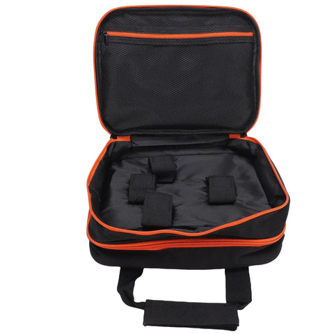 Open double layer protective carrying case for circuit breaker finders and electrician tools with elastic straps, black and orange trim.