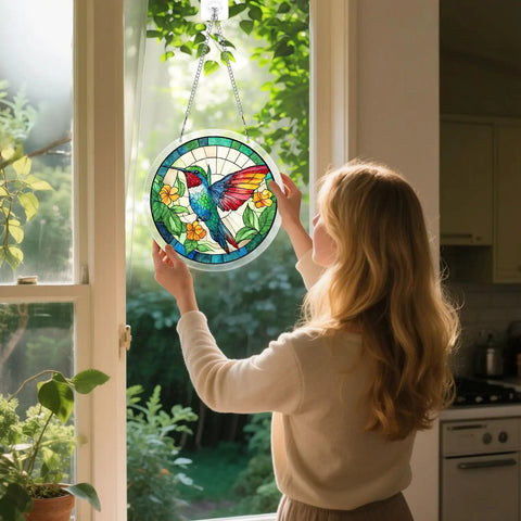 Woman hanging Colorful Hummingbird Puzzle Suncatcher Kit 83 Piece DIY Acrylic Sun Catcher For Doors Garden And Windows on window