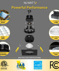 Exploded view of 3 Inch LED Gimbal Recessed Lights Black Square Finish With 5CCT showing components and certifications