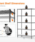 Beast 5 Tier Indoor Plant Stand With Grow Lights showing dimensions, adjustable shelves, and caster wheels for mobility.