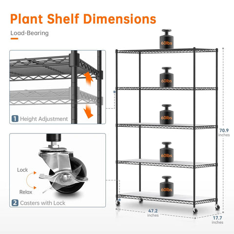 Beast 5 Tier Indoor Plant Stand With Grow Lights showing dimensions, adjustable shelves, and caster wheels for mobility.
