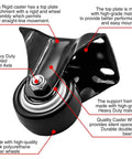Eight Pack 1.5 Inch Caster Wheels Rigid Fixed Non Swivel All Black Polyurethane Heavy Duty Non Marking Silent 75 Lb Capacity Per Wheel Perfect For Furniture Carts Tool Boxes Ideal For Office Equipment And Industrial Carts And Workstations close-up showing high-grade materials and double ball bearings.