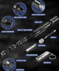 Diagram of 12 In 1 Tactical Pen Self Defense Multitool with labels showing flashlight, glass breaker, ballpoint pen, and compass.