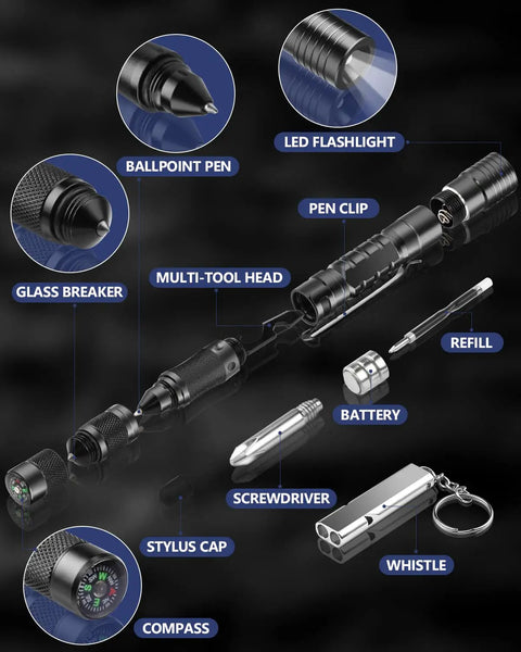 Diagram of 12 In 1 Tactical Pen Self Defense Multitool with labels showing flashlight, glass breaker, ballpoint pen, and compass.