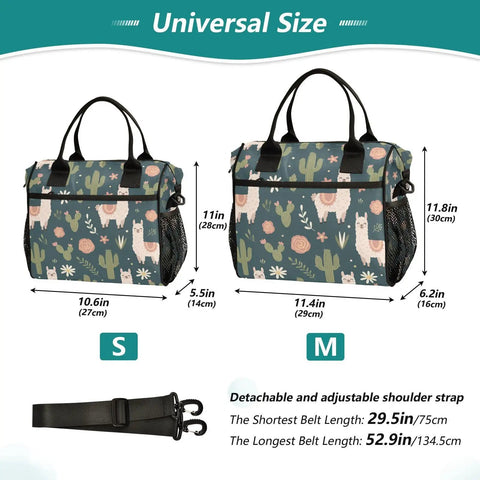 Cactus Flowers Insulated Lunch Bag With Leakproof Cooler Tote showing dimensions and adjustable strap