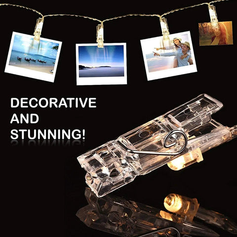 40 LED Photo Clip String Lights With Remote USB Powered 25.75 Ft Long 8 Modes photos hanging clips on black background