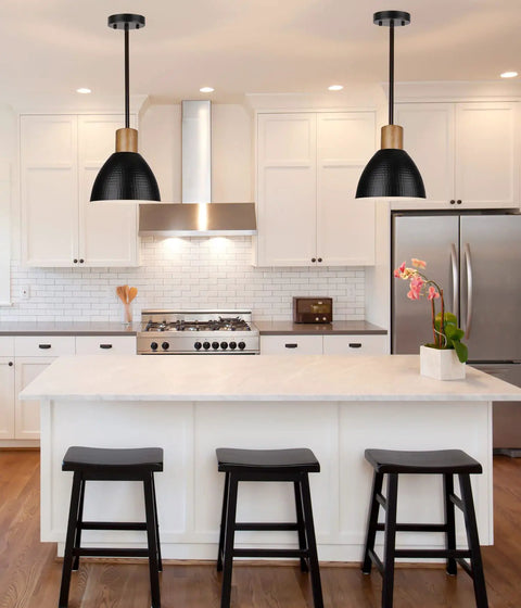 Modern farmhouse kitchen with Industrial Hammered Metal Pendant Light Fixture, 10 Inch Adjustable Hanging Lamp With Black Shade.