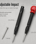 Hella Heavy Duty Automatic Center Punch Pair Featuring Adjustable Spring Loaded Mechanism Plus Bonus Replacement Tips For Smooth Wood Drilling And Badass Precision Hole Marking On Glass Or Plastic - Close-up of tools with adjustable tips.