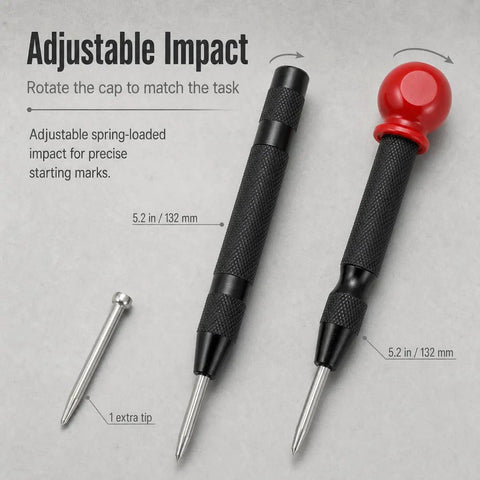 Hella Heavy Duty Automatic Center Punch Pair Featuring Adjustable Spring Loaded Mechanism Plus Bonus Replacement Tips For Smooth Wood Drilling And Badass Precision Hole Marking On Glass Or Plastic - Close-up of tools with adjustable tips.