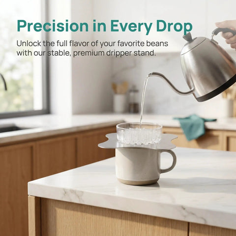 Total Game Changer Metal Coffee Drip Assist Tool And Portable Pour Over Dripper Stand with kettle pouring water into a mug.