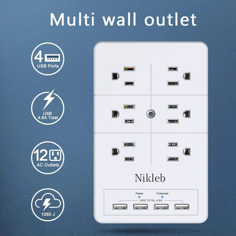 2 Pack Surge Protector Power Strip With 4 USB Ports, Wall Mountable Outlet Splitter showing 12 outlets, USB ports, 1080J protection