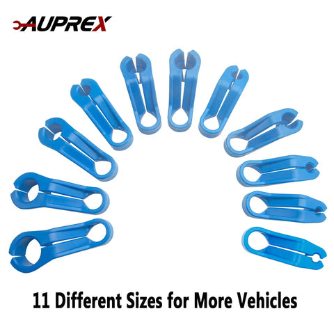 11 Piece AC And Fuel Line Disconnect Tool Set For Ford And More in blue plastic, arranged in a fan shape, sizes visible