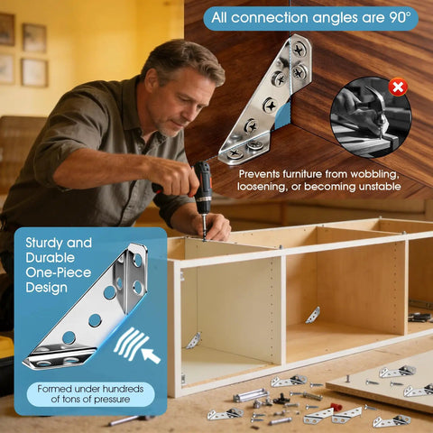 Man assembling cabinet using 24 Pack Premium Stainless Steel Corner Brackets For Wood Furniture Heavy Duty Triangle Braces For Cabinets Tables Chairs And Drawers Includes 144 Screws To Reinforce 90 Degree Corners