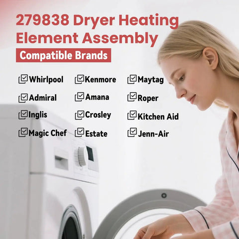 Woman using a dryer with list of brands compatible with Upgraded 279838 W10724237 Dryer Heating Element Pro Grade 5400W 240V.