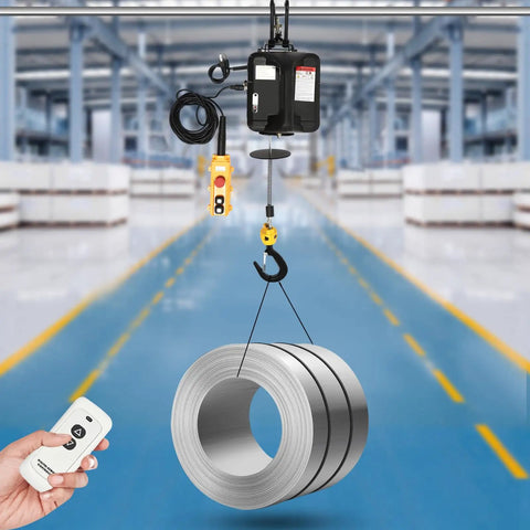Heavy Duty Electric Lifting Hoist 1100 Lbs Load Capacity Plus 1500 Watt Motor Winch Crane with remote lifting steel coil in garage.
