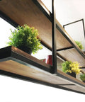 Must Have Ceiling Mounted Wood Shelf With Black Metal Brackets, Vintage Wine Bottle Holder And Flower Stand, side view