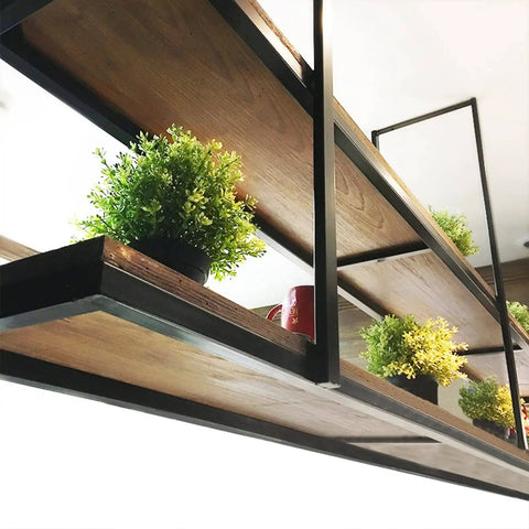 Must Have Ceiling Mounted Wood Shelf With Black Metal Brackets, Vintage Wine Bottle Holder And Flower Stand, side view