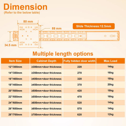 Heavy Duty Twenty Inch Cabinet Pocket Door Slides Featuring Full Extension Ball Bearings dimensions chart with size and load details.