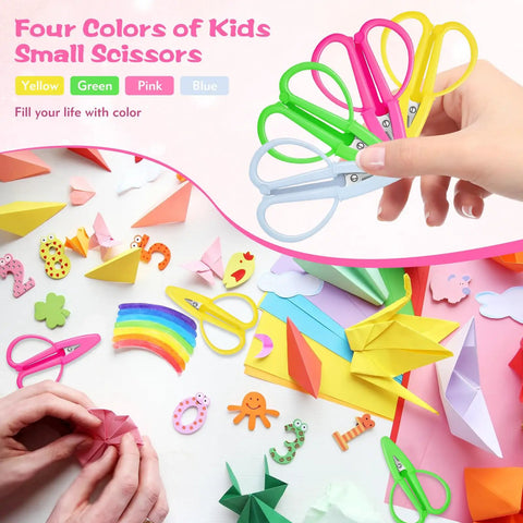 4 Pack Mini Scissors Set With Color Covers Small Sharp Scissors in use with craft papers and origami in pink, yellow, green, and blue