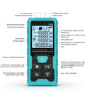 Heavy Duty 100 Meter Green Laser Rangefinder Rechargeable Digital Distance Measuring Tool For Contractors And Tradesmen Crews front view displaying measurement features.