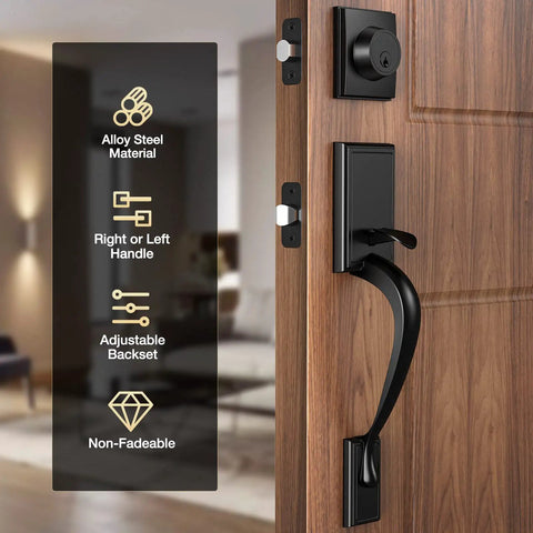 Matte Black Double Door Handle Set With Lever And Keyed Entry For Exterior Front And Back Doors, featuring alloy steel material installation.