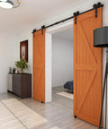 12ft Sliding Barn Door Hardware Kit With Floor Guide And Premium Nylon Roller Wheels For Double Wooden Doors Up To 36 Inch Wide Frosted Black Finish Ideal For Weekend DIY Projects Like Laundry Room, Or Cabinet Makeovers installed in modern living space