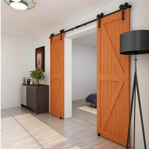 12ft Sliding Barn Door Hardware Kit With Floor Guide And Premium Nylon Roller Wheels For Double Wooden Doors Up To 36 Inch Wide Frosted Black Finish Ideal For Weekend DIY Projects Like Laundry Room, Or Cabinet Makeovers installed in modern living space