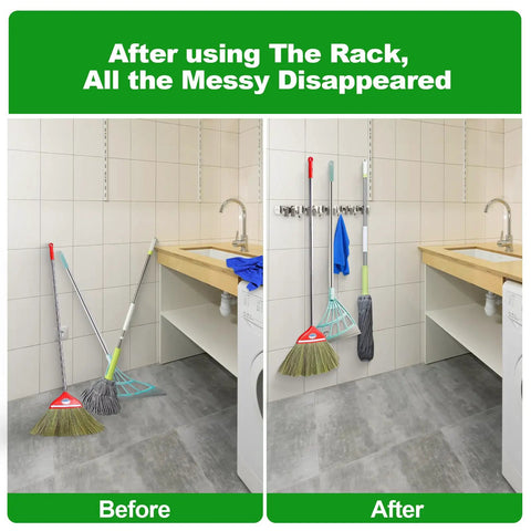 Image showing Before and After of Heavy Duty Wall Mount Mop And Broom Holder With Five Slots And Four Hooks Self Adhesive Stainless Steel Organizer in a laundry room.