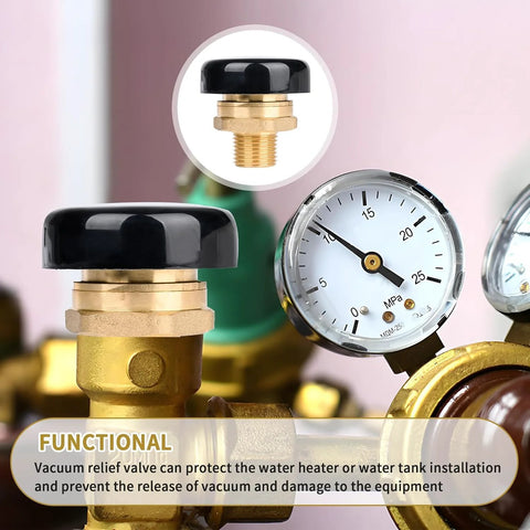 NBPLUS brass vacuum relief valve with black cap; 1/2 inch NPT threaded connection for water heater tanks