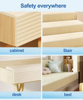 Top Shelf Baby Proof Corner Guards on cabinet, stairs, desk, and bed, soft NBR foam for safety in a home.
