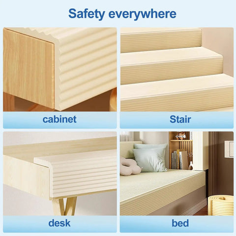 Top Shelf Baby Proof Corner Guards on cabinet, stairs, desk, and bed, soft NBR foam for safety in a home.