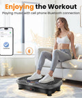 Woman using Vibration Plate Fitness Platform for full body workout, Bluetooth connected, home and office use, low impact exercise