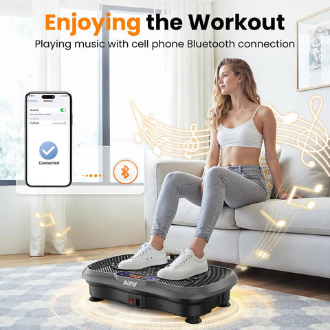 Woman using Vibration Plate Fitness Platform for full body workout, Bluetooth connected, home and office use, low impact exercise