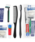 Grab And Go 10 Pack Travel Toiletry Kit Set With 6 In 1 Disposable Hygiene Essentials for Men and Women including comb, razor, and soap.