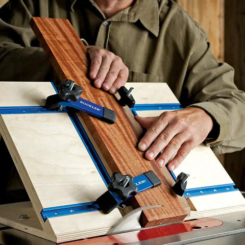 T Track Hold Down Clamp 5-1/2 Inch Long For Workbenches, Jigs, And Machine Tables securing wood piece on jig