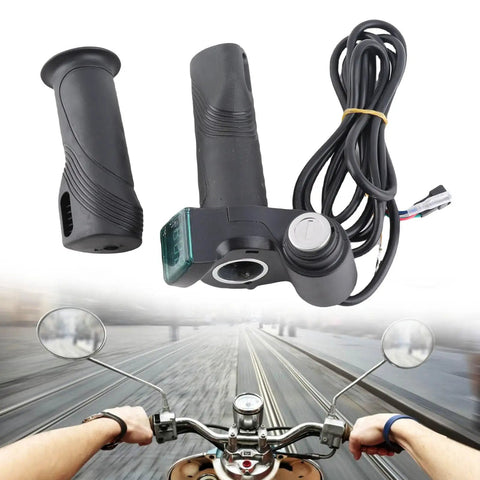 Electric Throttle Grip With Ignition For Scooters And E Bikes, with voltmeter readout, plug and play, handlebar, cable view