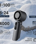 Portable Handheld Turbo Fan With 1 To 100 Gear Wind And All Day Battery Power, features highlighted, in snowy background.