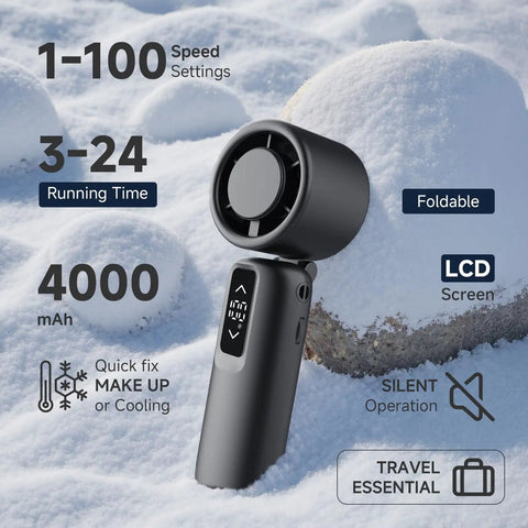 Portable Handheld Turbo Fan With 1 To 100 Gear Wind And All Day Battery Power, features highlighted, in snowy background.