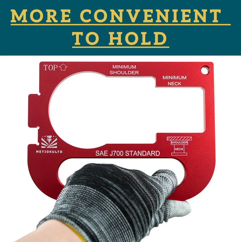 Fifth Wheel King Pin Gauge With Handle, Easy To Use King Pin Wear Check Tool For SAE J700 Compliance, Measures Neck And Shoulder Fit On A 2 Inch King Pin, Durable And Compact, red anodized aluminum gauge held by gloved hand