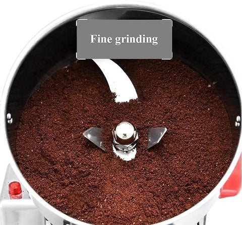 Electric Grain Mill Grinder For Home Use showing coffee powder grinding with stainless steel 3-blade system, 270° rocking design