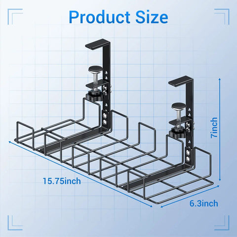2 Pack Under Desk Cable Management Tray With No Drill C Clamp Easy Install High Capacity 15.7 Inch Long Wire Organizer Dimension