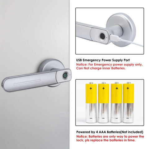 Biometric Fingerprint Door Lock With Quick 0.3 Second Unlock Silver Finish USB emergency power and AAA batteries view