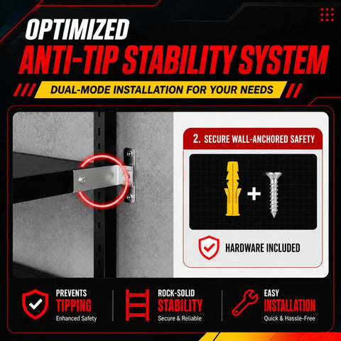 Heavy Duty Metal Garage Shelving Units With Side Guard 660 Lbs Per Shelf 3300 Lbs Total Capacity Rugged Boss Grade Tool Storage Racks For Garage Or Workshop wall-anchored side guard and hardware